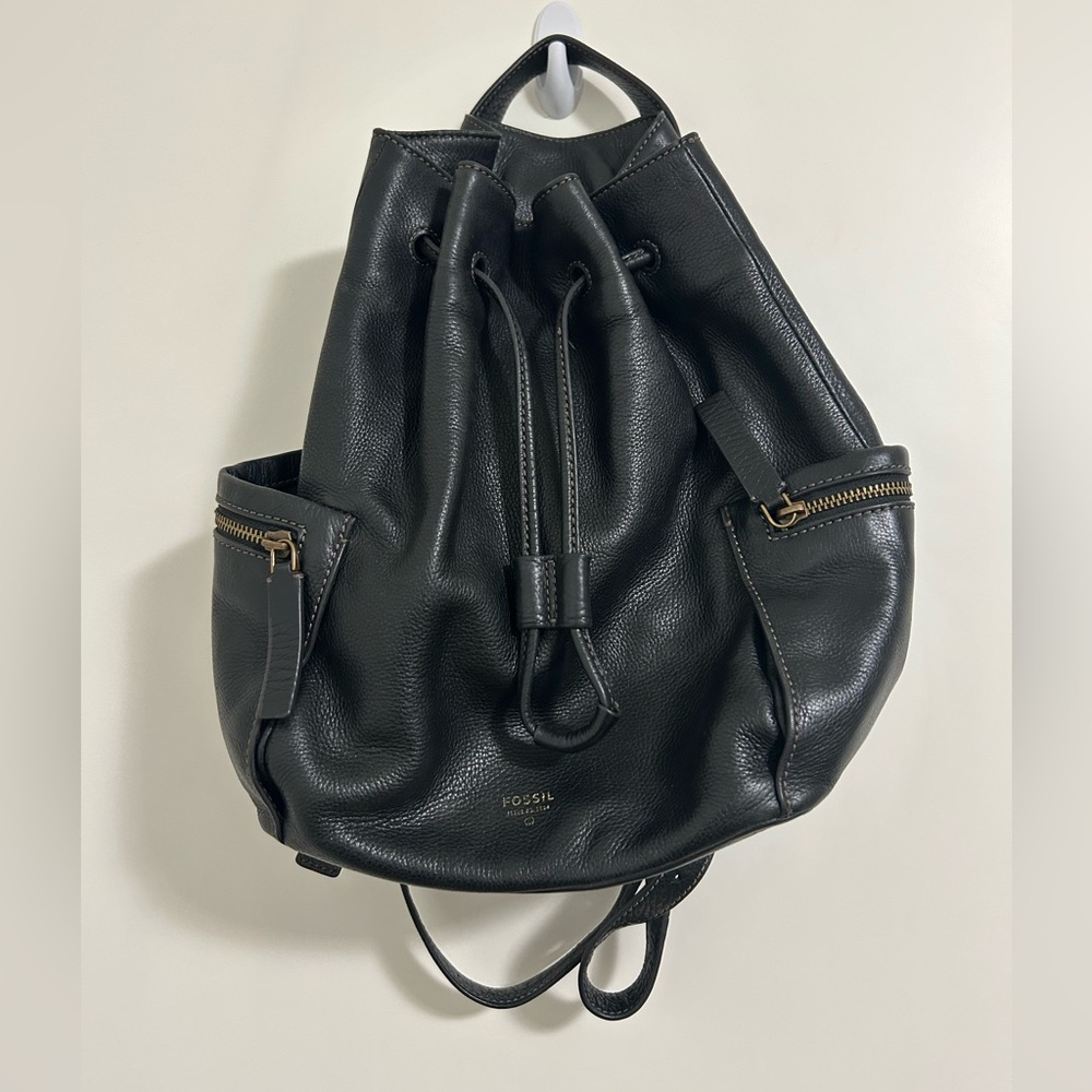 Fossil Vintage Leather Drawstring Backpack Black Pebbled Leather Rucksack 90’s